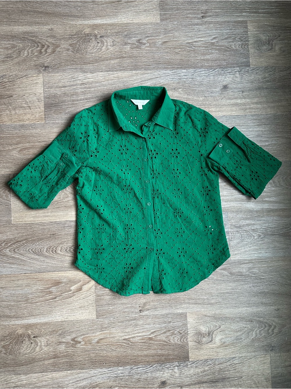 Adiva Green Swiss Dot‎ Embroidered Eyelet Button Down Shirt Size L